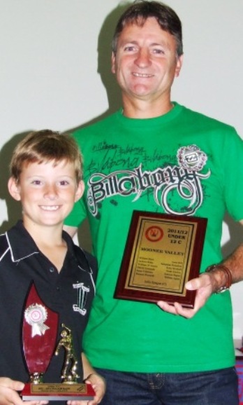 Moonee Valley's William Blair with his Under 12 competition bowling trophy and dad Bill Blair with their Under 12 Premiership plaque.
